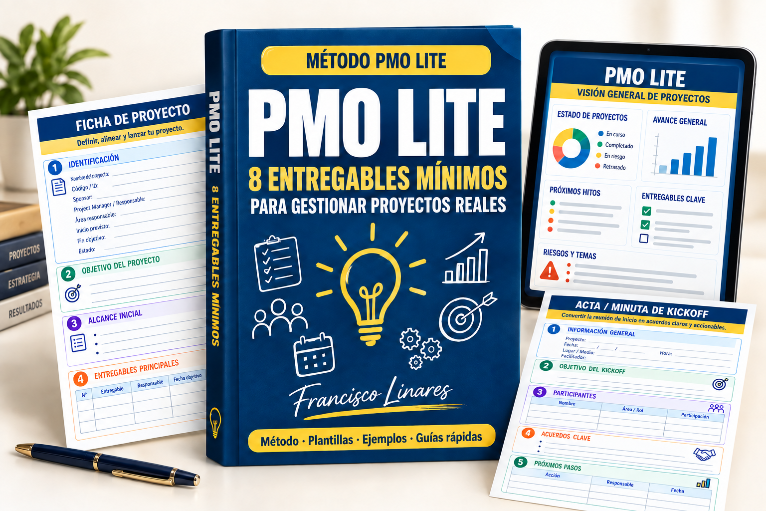 Método PMO Lite presentado como libro, plantillas editables y tablero ejecutivo