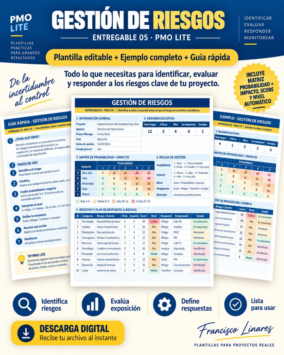 Matriz de Gestión de Riesgos editable en Excel con ejemplo y guía rápida