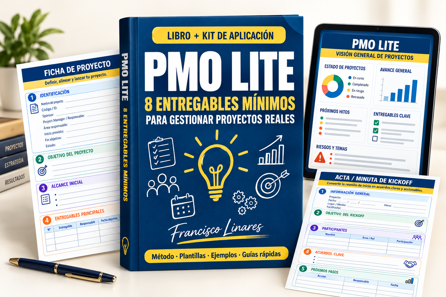 Libro azul del Kit PMO Lite Core con sus ocho entregables mínimos