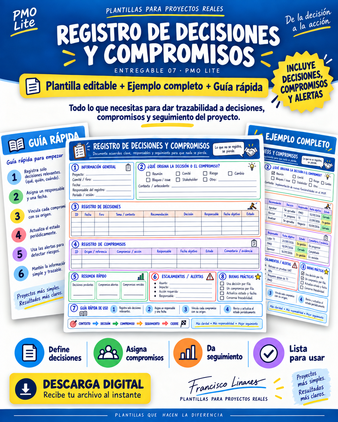 Registro de Decisiones y Compromisos editable con ejemplo y guía rápida